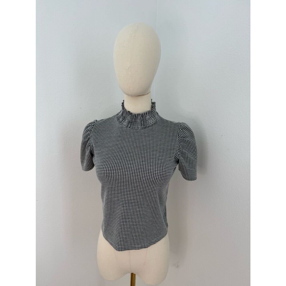 Zara Black & White Gingham Ruffle Mock-Neck Short Sleeve Top - Size Small